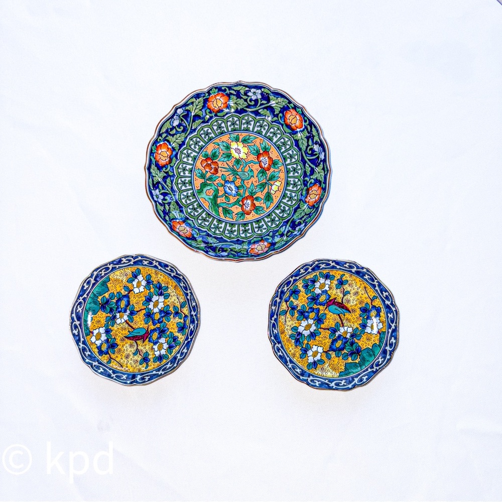 Vintage Japanese Kutani Porcelain Plate Trio – Birds & Blossoms